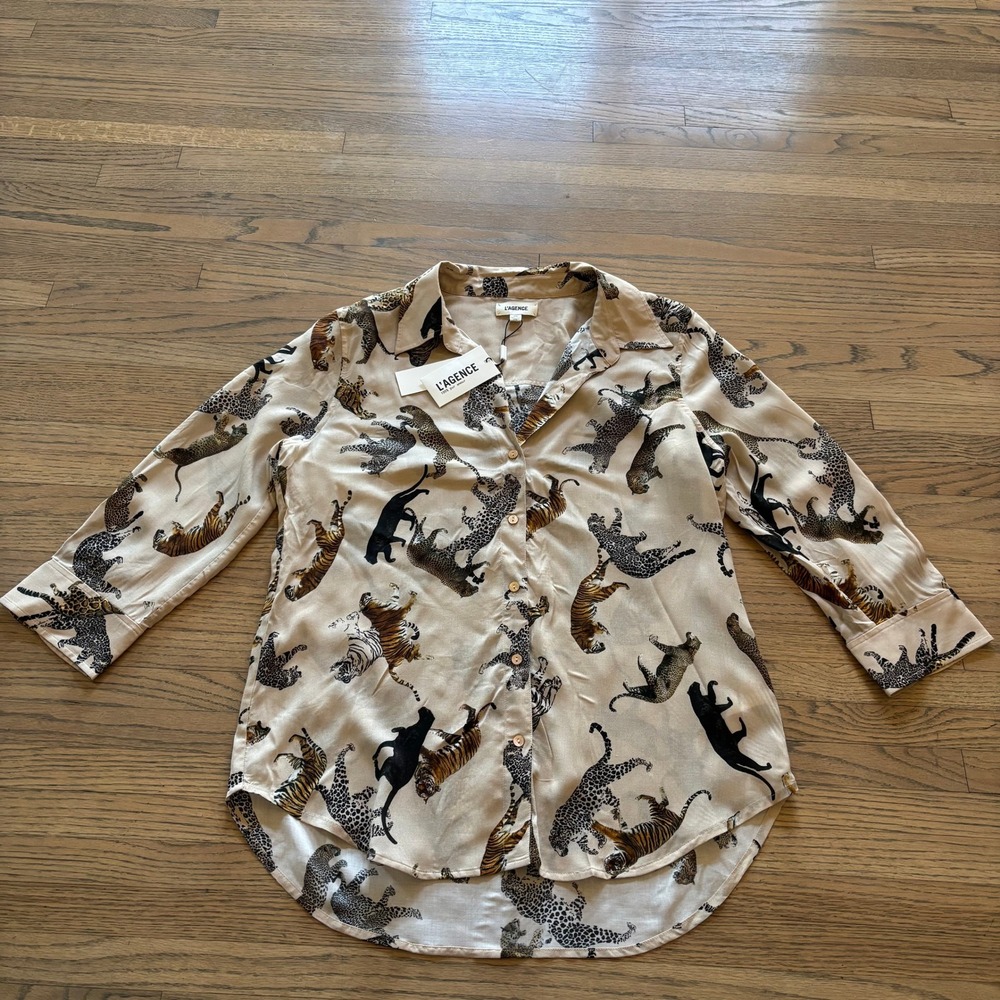 L'AGENCE Women Brown Multi Animal Print Button Down Shirt Size M NWT - Picture 2 of 8